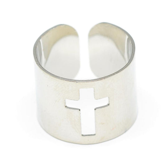 Adjustable Stainless Steel Cuff Finger Rings | Wide Band Rings with Cross Design