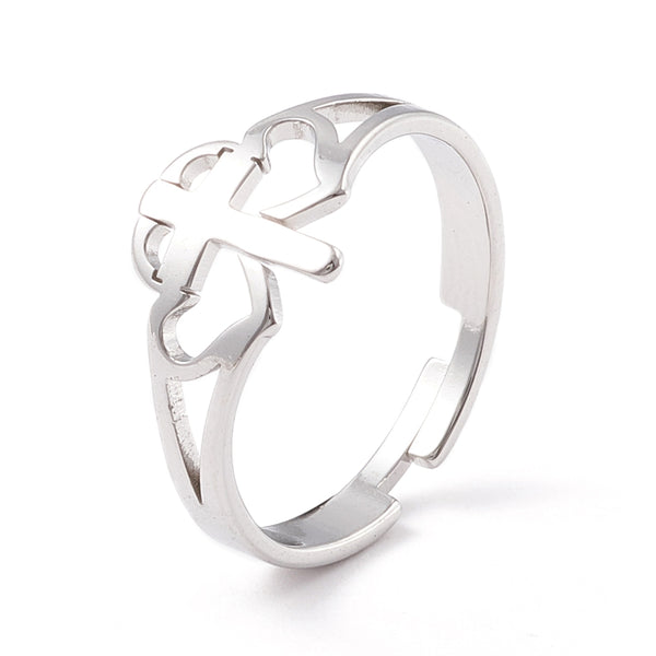 Double Heart & Cross Stainless Steel Adjustable Ring | Symbolic Women's Jewelry