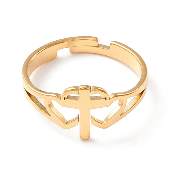 Double Heart & Cross Stainless Steel Adjustable Ring | Symbolic Women's Jewelry