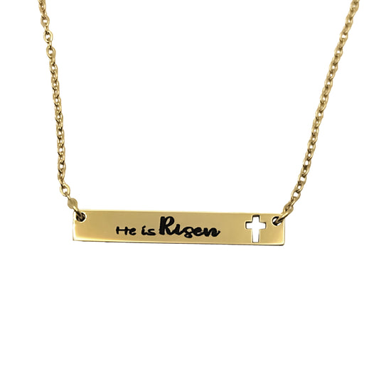 He Is Risen Horizontal Pendant Necklace with Cutout Cross in Silver and Gold