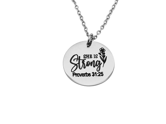 She is Strong Pendant Necklace with Flowers available in gold and silver color Proverbs 31:25
