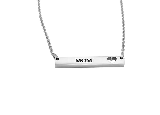 MOM Bar Pendant Necklace with cutout heart available in silver and gold