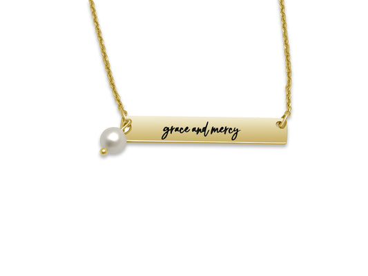 Grace and Mercy Bar Necklace with Pearl with Bible Verse Scripture on the Opposite Side 2 John 1:3