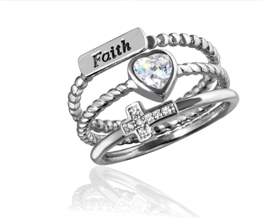 Sterling Silver Faith Ring with CZ Stone Rhodium Plated Triple Band