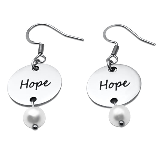 Hope  Engraved Round Disc Earrings with Pearl