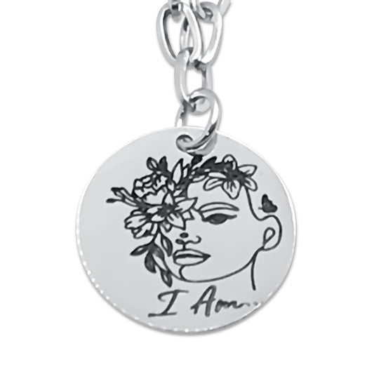 I AM Pendant Link chain Necklace with Lined Face, Flowers and Butterfly