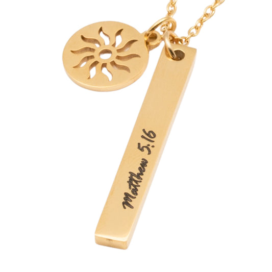 Let Your Light Shine Matthew 5:16 Scripture Necklace with Sun and Bar Pendant in Silver and Gold Color