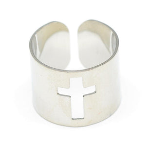 Adjustable Stainless Steel Cuff Finger Rings | Wide Band Rings with Cross Design